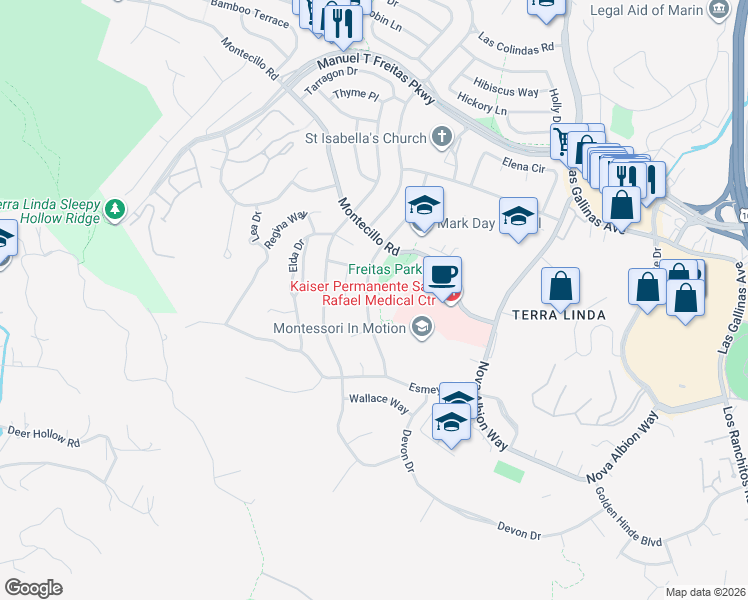 map of restaurants, bars, coffee shops, grocery stores, and more near 129 Trellis Drive in San Rafael