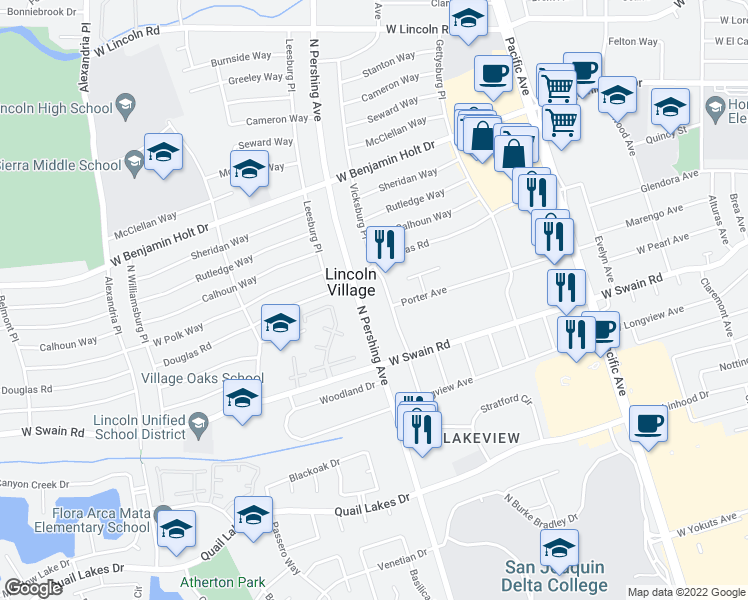 map of restaurants, bars, coffee shops, grocery stores, and more near 6146 North Pershing Avenue in Stockton