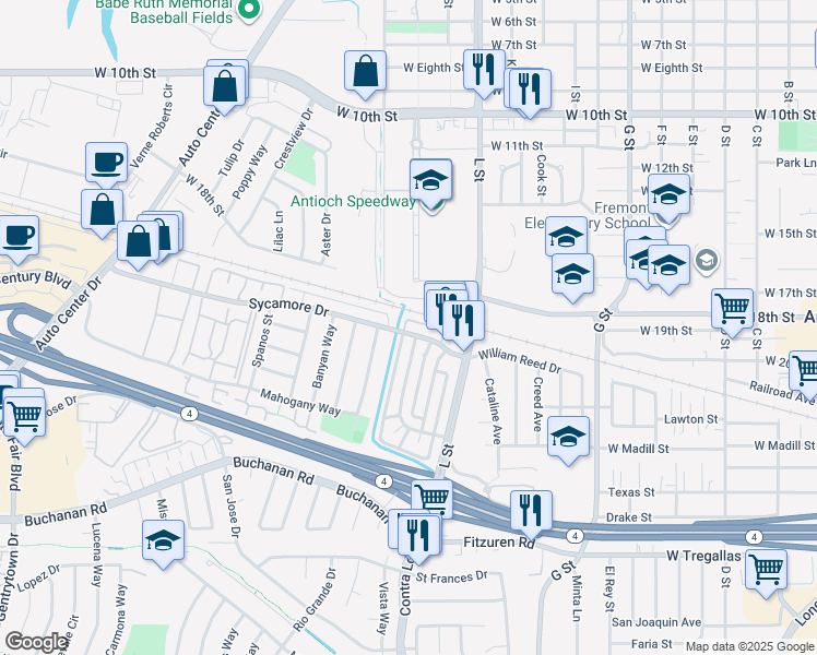 map of restaurants, bars, coffee shops, grocery stores, and more near 2104 Lemontree Way in Antioch