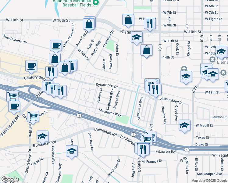 map of restaurants, bars, coffee shops, grocery stores, and more near 2201 Banyan Way in Antioch