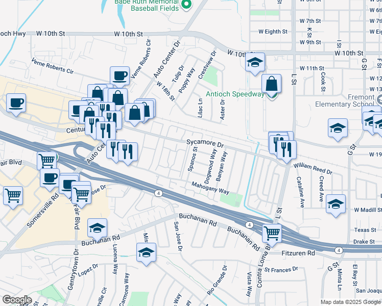 map of restaurants, bars, coffee shops, grocery stores, and more near 2208 Spanos Street in Antioch