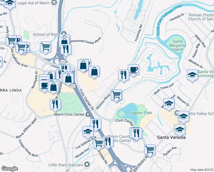 map of restaurants, bars, coffee shops, grocery stores, and more near 63 Gable Court in San Rafael