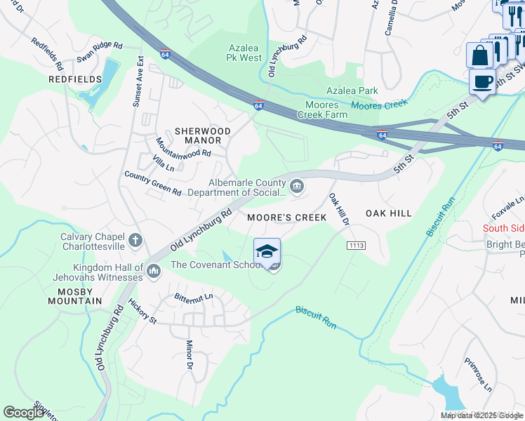 map of restaurants, bars, coffee shops, grocery stores, and more near 547 Stagecoach Road in Charlottesville