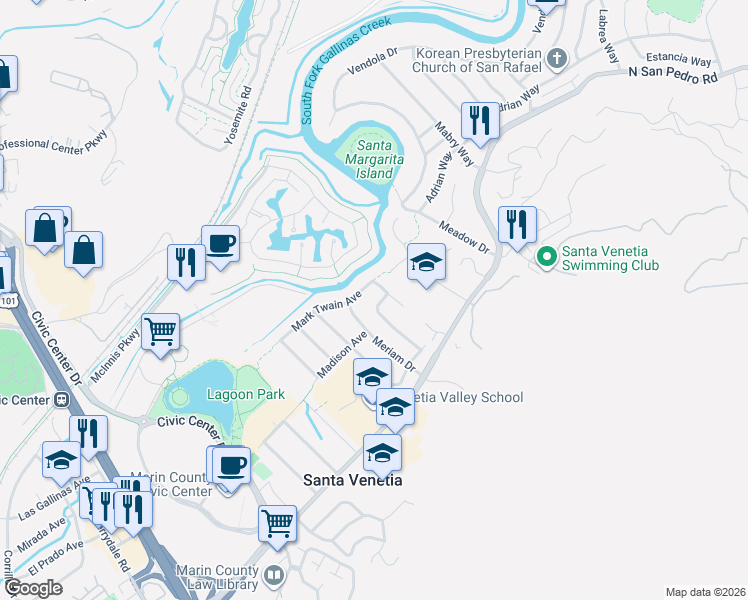 map of restaurants, bars, coffee shops, grocery stores, and more near 65 Cushing Avenue in San Rafael