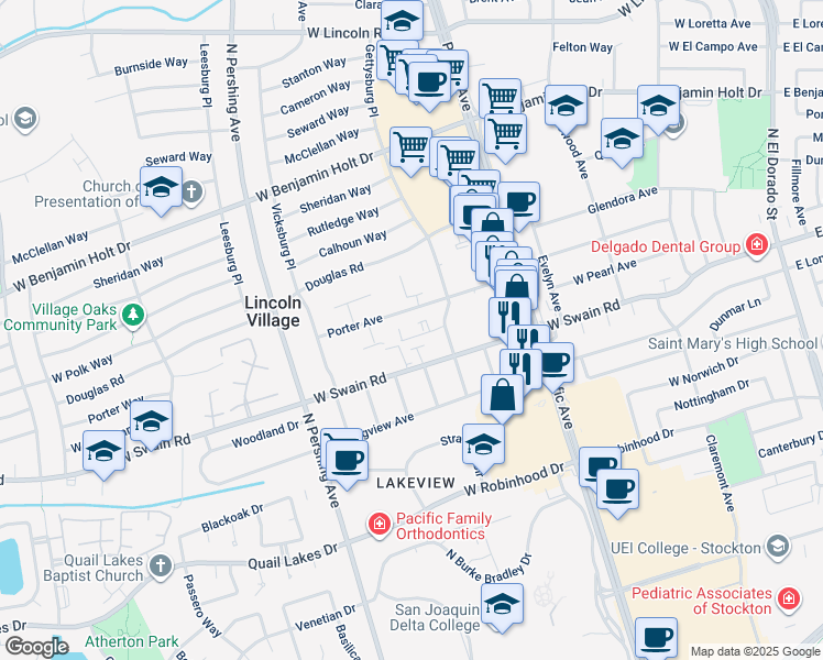 map of restaurants, bars, coffee shops, grocery stores, and more near 1117 West Swain Road in Stockton