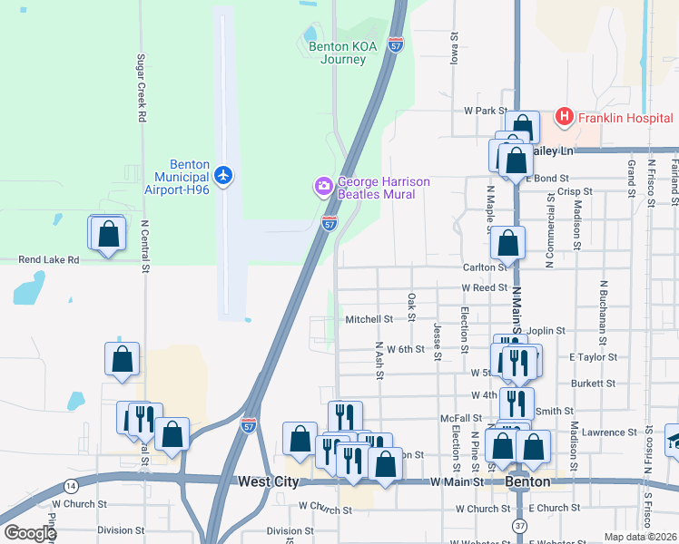 map of restaurants, bars, coffee shops, grocery stores, and more near 601-699 W Reed St in Benton