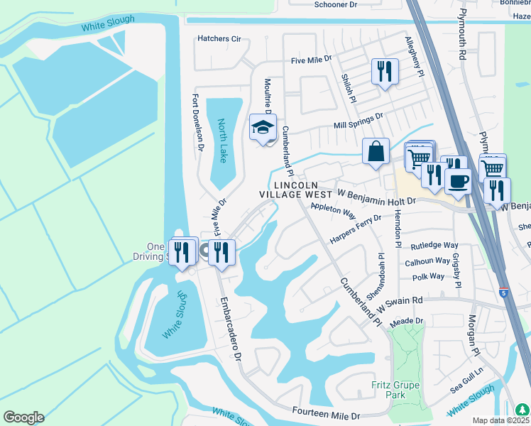 map of restaurants, bars, coffee shops, grocery stores, and more near 3702 West Benjamin Holt Drive in Stockton