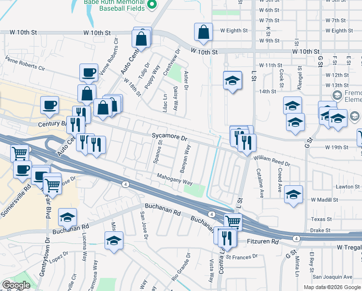 map of restaurants, bars, coffee shops, grocery stores, and more near 2201 Banyan Way in Antioch