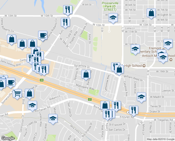 map of restaurants, bars, coffee shops, grocery stores, and more near 2113 Dogwood Way in Antioch