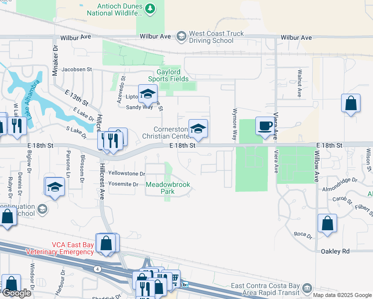 map of restaurants, bars, coffee shops, grocery stores, and more near 1709 Bermuda Way in Antioch