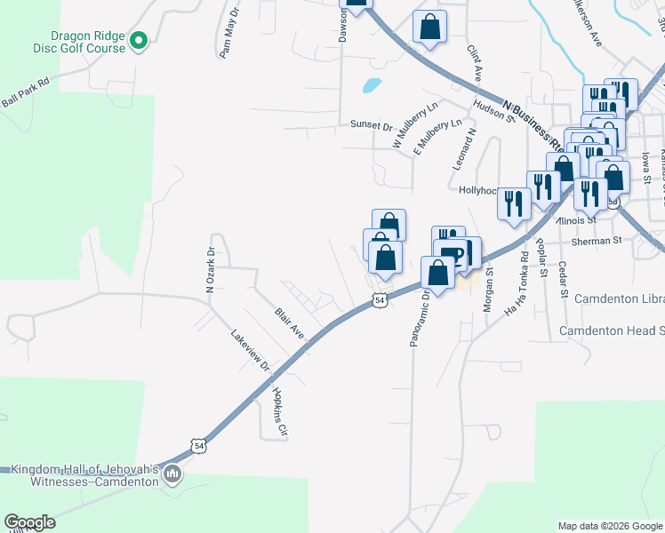 map of restaurants, bars, coffee shops, grocery stores, and more near 101-315 Lake Road in Camdenton