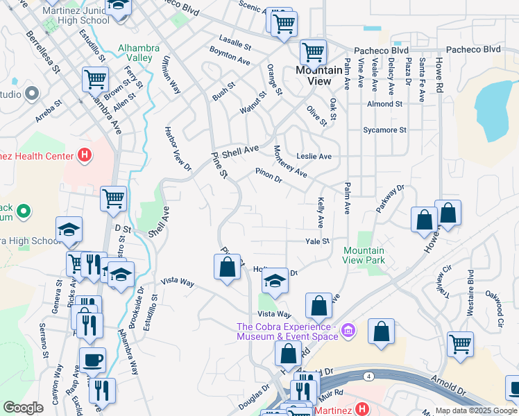 map of restaurants, bars, coffee shops, grocery stores, and more near 2190 James Street in Martinez