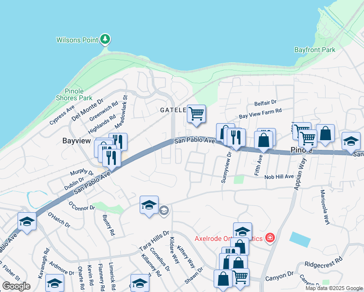 map of restaurants, bars, coffee shops, grocery stores, and more near 785 San Pablo Avenue in Pinole