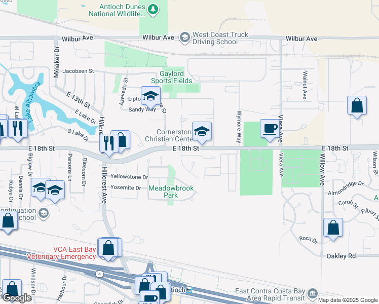 map of restaurants, bars, coffee shops, grocery stores, and more near 1709 Bermuda Way in Antioch