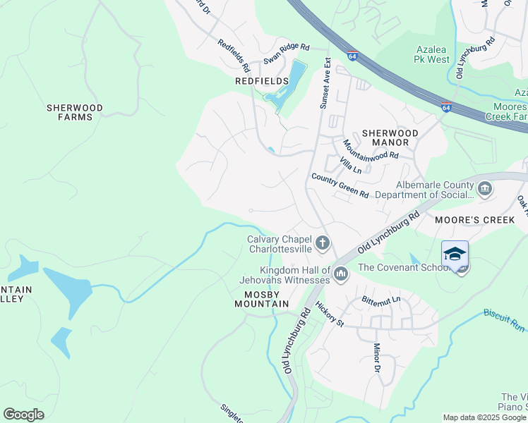 map of restaurants, bars, coffee shops, grocery stores, and more near 338 Maroon Creek Court in Charlottesville