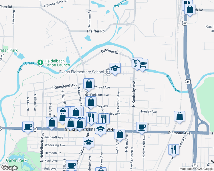 map of restaurants, bars, coffee shops, grocery stores, and more near 829 East Olmstead Avenue in Evansville