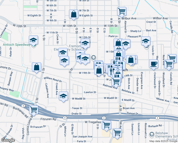 map of restaurants, bars, coffee shops, grocery stores, and more near 408 West 19th Street in Antioch