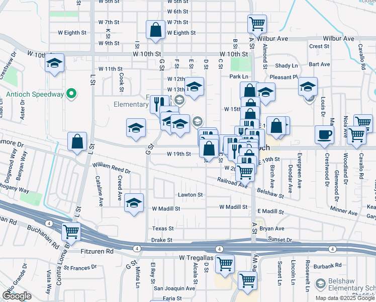 map of restaurants, bars, coffee shops, grocery stores, and more near 408 West 19th Street in Antioch