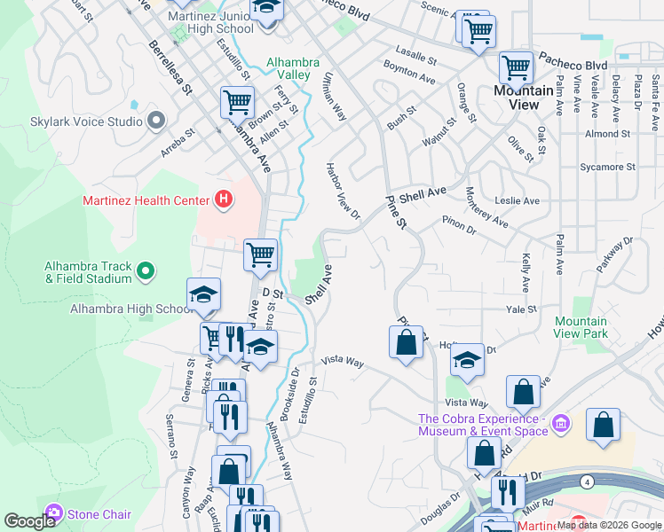 map of restaurants, bars, coffee shops, grocery stores, and more near 720 Shell Avenue in Martinez