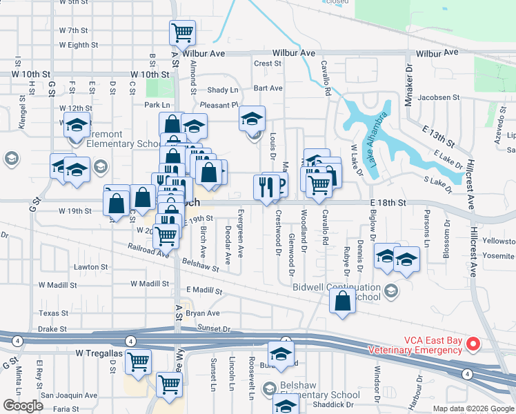 map of restaurants, bars, coffee shops, grocery stores, and more near 10 Helmuth Lane in Antioch