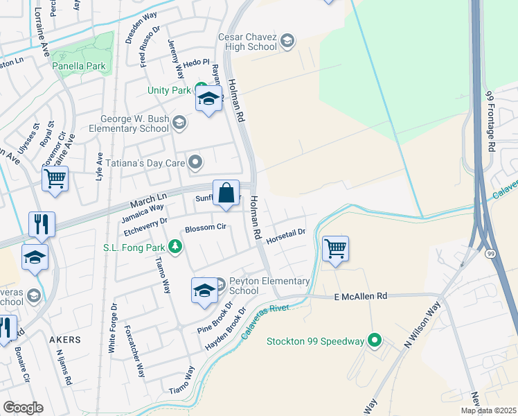 map of restaurants, bars, coffee shops, grocery stores, and more near 4926 Buttercup Lane in Stockton