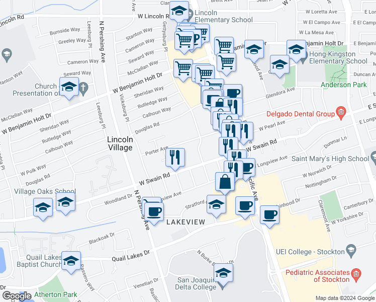 map of restaurants, bars, coffee shops, grocery stores, and more near 1117 West Swain Road in Stockton