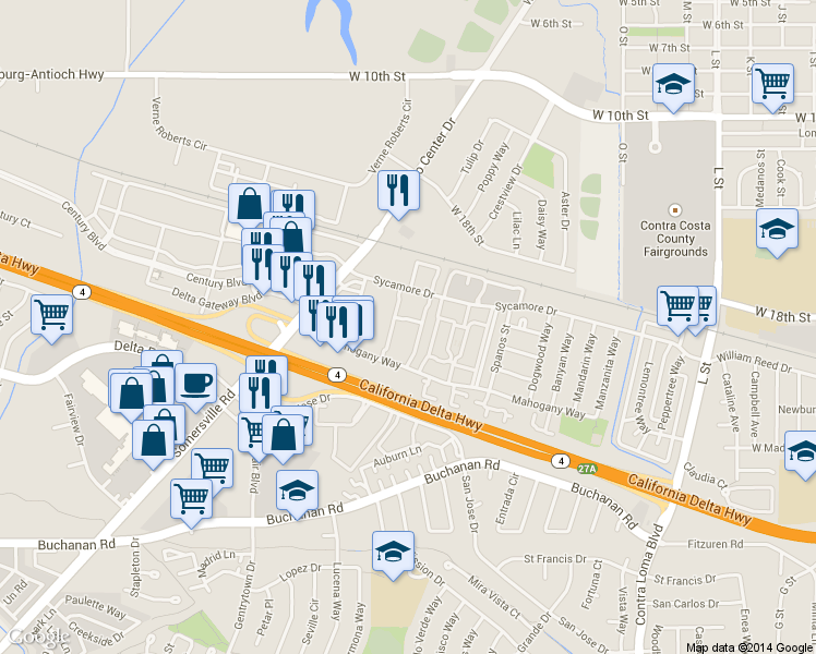 map of restaurants, bars, coffee shops, grocery stores, and more near 2301 Sycamore Drive in Antioch