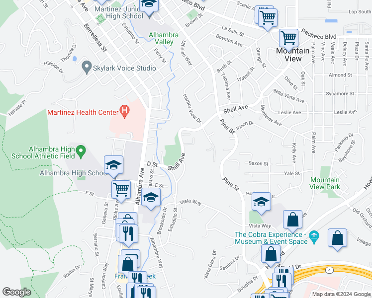 map of restaurants, bars, coffee shops, grocery stores, and more near 720 Shell Avenue in Martinez