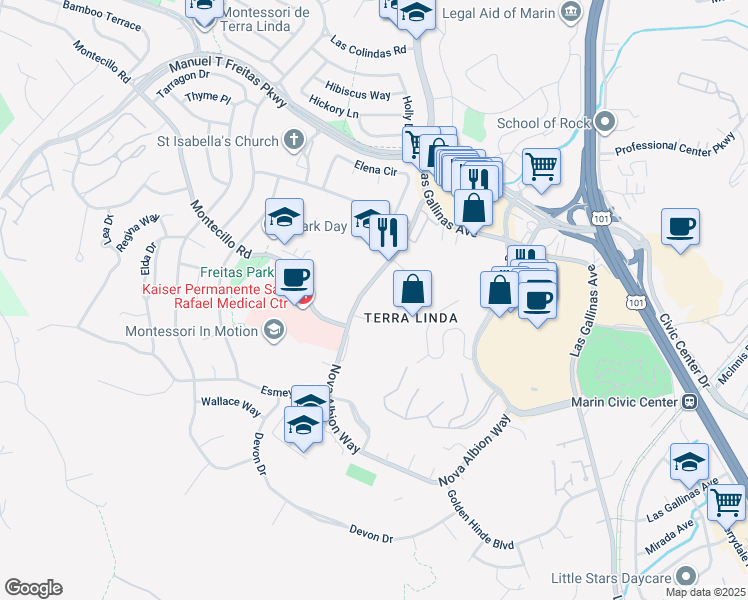 map of restaurants, bars, coffee shops, grocery stores, and more near 225 Nova Albion Way in San Rafael