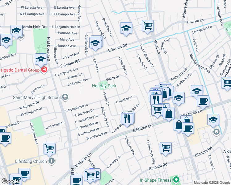 map of restaurants, bars, coffee shops, grocery stores, and more near 5609 Holiday Drive in Stockton