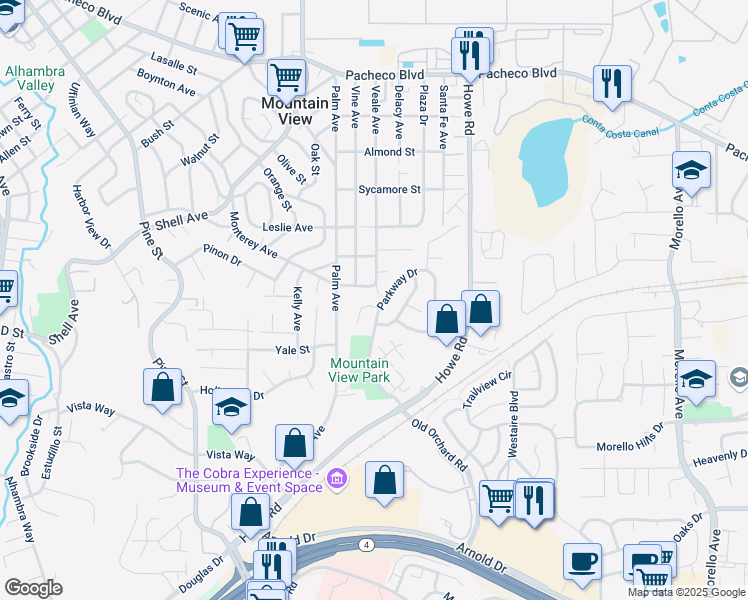 map of restaurants, bars, coffee shops, grocery stores, and more near 731 Parkway Drive in Martinez