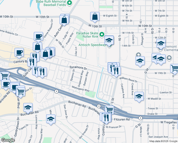 map of restaurants, bars, coffee shops, grocery stores, and more near 2103 Banyan Way in Antioch