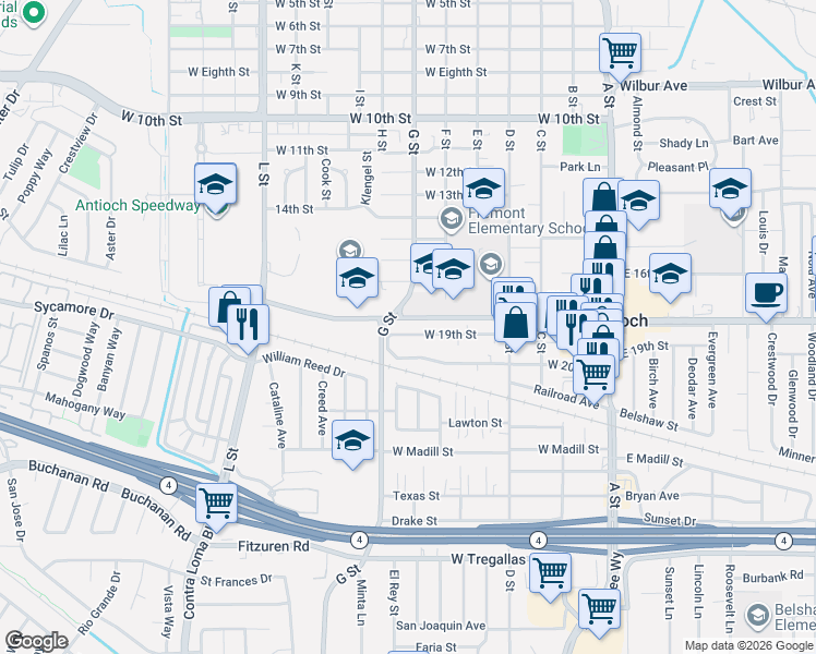 map of restaurants, bars, coffee shops, grocery stores, and more near 512 West 20th Street in Antioch