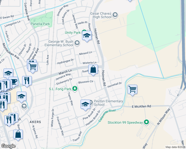 map of restaurants, bars, coffee shops, grocery stores, and more near 2693 Blossom Circle in Stockton
