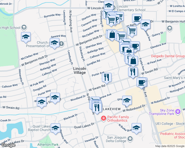 map of restaurants, bars, coffee shops, grocery stores, and more near 1221 Porter Avenue in Stockton