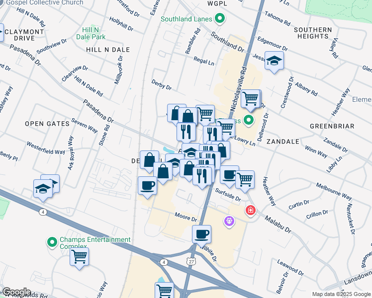 map of restaurants, bars, coffee shops, grocery stores, and more near 166 Pasadena Drive in Lexington