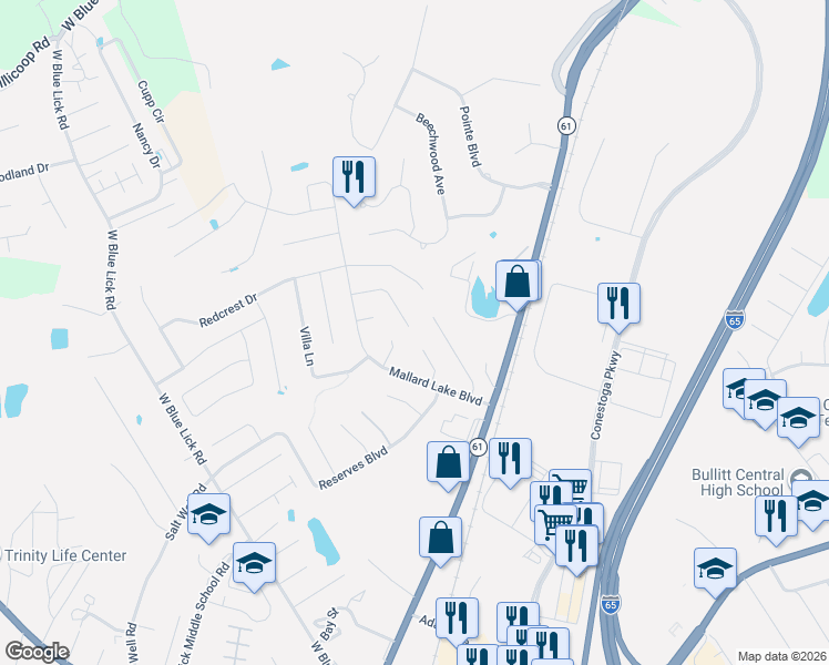 map of restaurants, bars, coffee shops, grocery stores, and more near 163 Mallard Trail in Shepherdsville