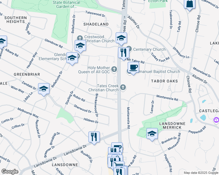 map of restaurants, bars, coffee shops, grocery stores, and more near 3070 Windermere Road in Lexington