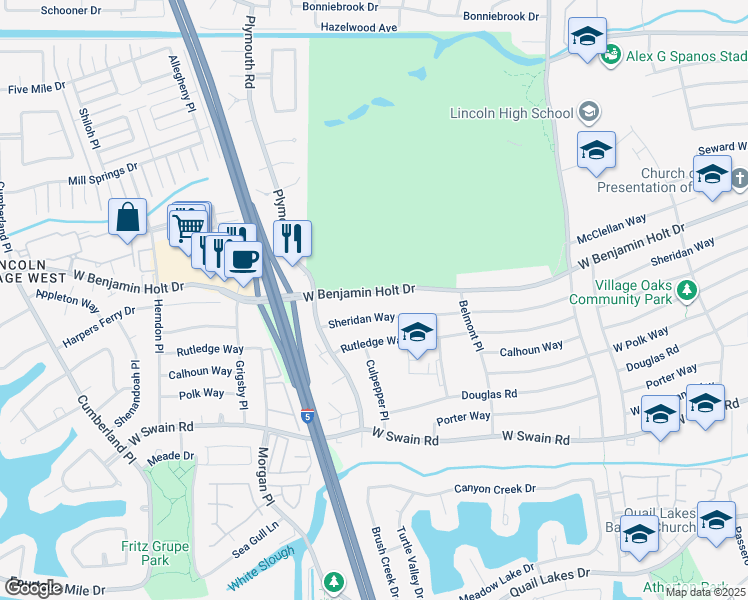 map of restaurants, bars, coffee shops, grocery stores, and more near 2738 West Benjamin Holt Drive in Stockton