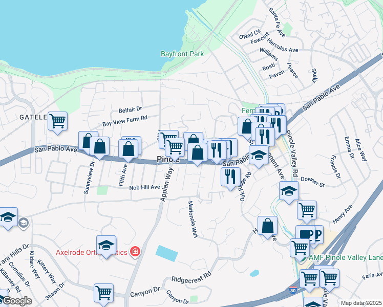 map of restaurants, bars, coffee shops, grocery stores, and more near 521 Laurel Avenue in Pinole