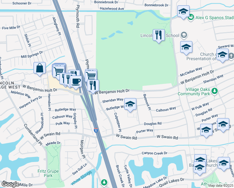 map of restaurants, bars, coffee shops, grocery stores, and more near 2738 West Benjamin Holt Drive in Stockton