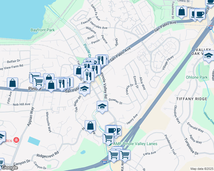 map of restaurants, bars, coffee shops, grocery stores, and more near 923 Pinole Valley Road in Pinole