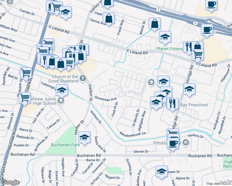 map of restaurants, bars, coffee shops, grocery stores, and more near 254 Oahu Drive in Pittsburg