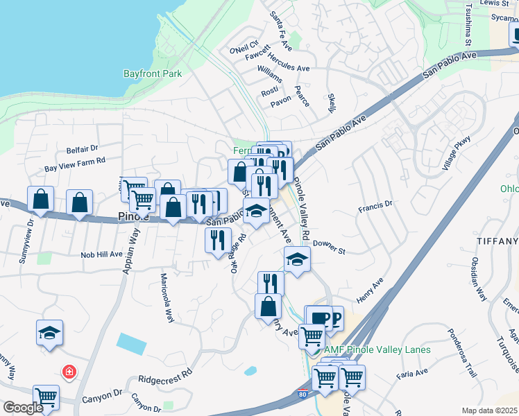map of restaurants, bars, coffee shops, grocery stores, and more near 2220 Pear Street in Pinole