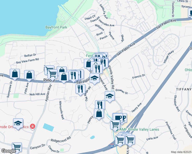 map of restaurants, bars, coffee shops, grocery stores, and more near 2337 San Pablo Avenue in Pinole