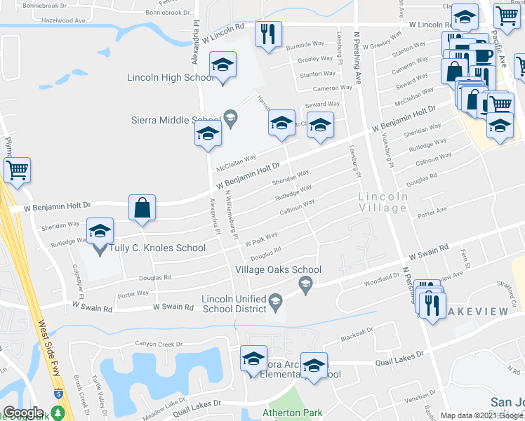 map of restaurants, bars, coffee shops, grocery stores, and more near 1942 Rutledge Way in Stockton