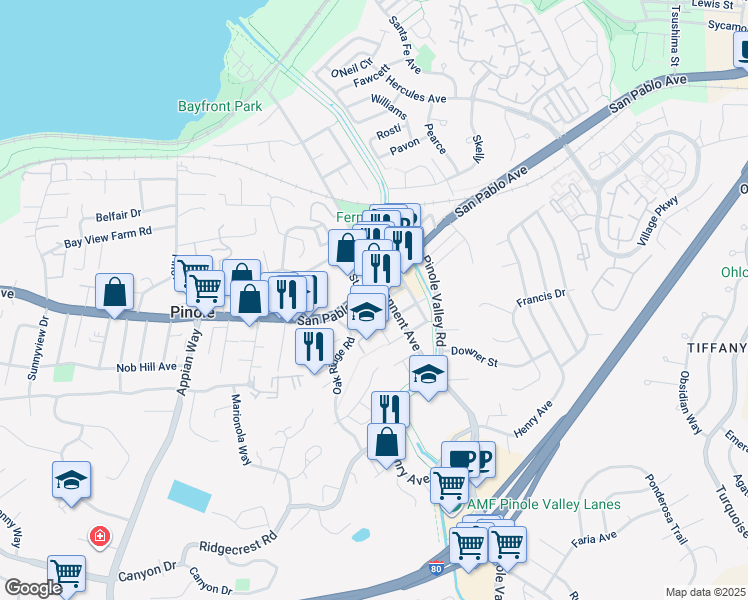 map of restaurants, bars, coffee shops, grocery stores, and more near 2220 Pear Street in Pinole