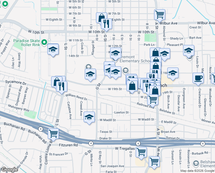 map of restaurants, bars, coffee shops, grocery stores, and more near 1708 F Street in Antioch