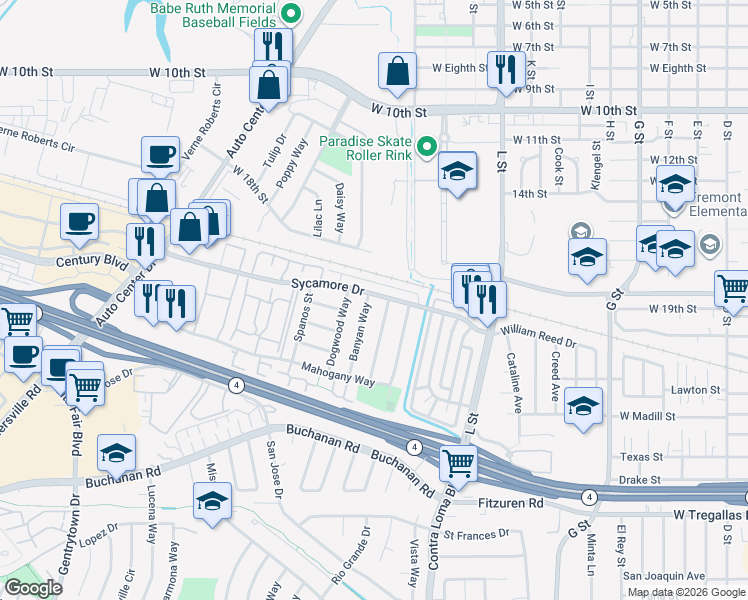 map of restaurants, bars, coffee shops, grocery stores, and more near 1604 Sycamore Drive in Antioch