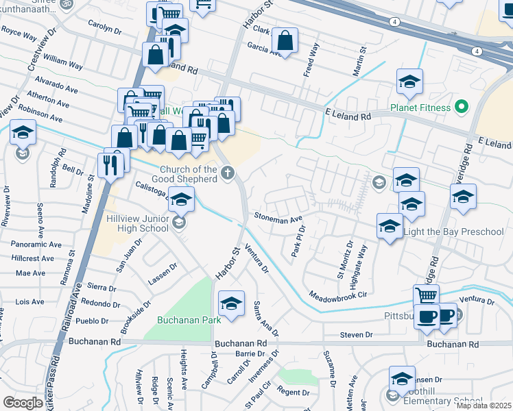 map of restaurants, bars, coffee shops, grocery stores, and more near 3225 Harbor Street in Pittsburg